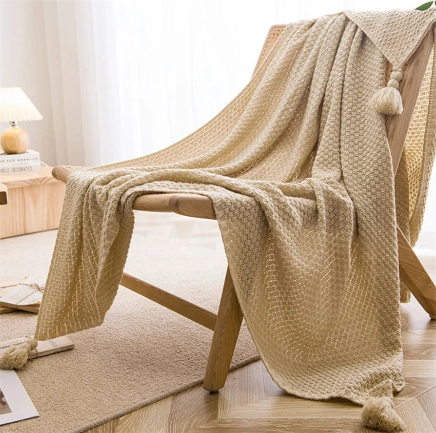 Nordic Chunky Knit Throw Blanket with Tassels