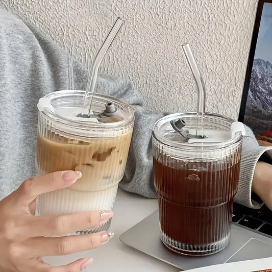 Stripe Glass Iced Coffee Cup with Lid & Straw