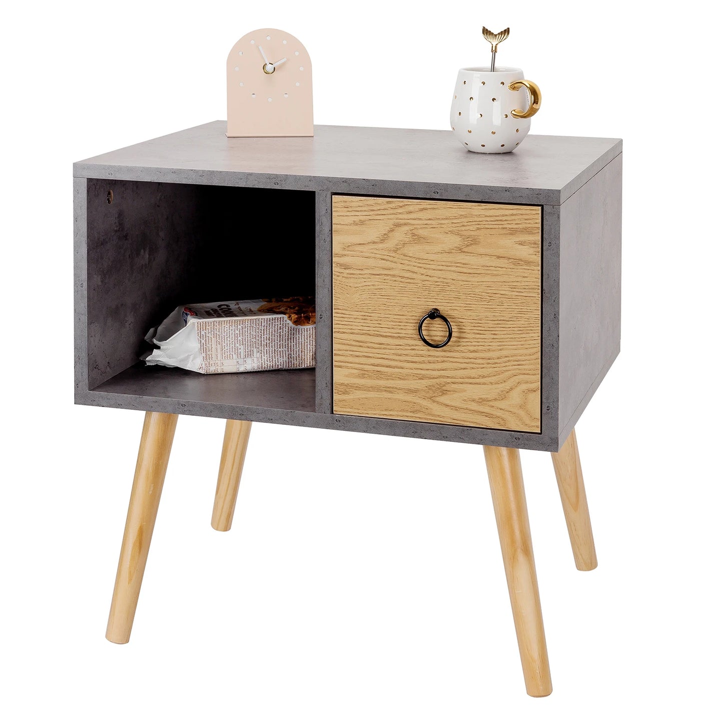 Grey Waterproof Nightstand with Drawer and Open Storage